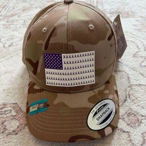 NWT Camouflage Snapback Hat with Project Purple/Pancreatic cancer flag patch